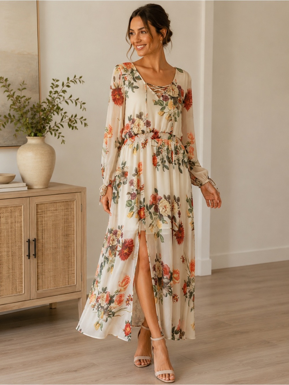 Belle Sky Floral Lace-Up Maxi Dress Romantic Cottagecore Boho Wedding Guest XL